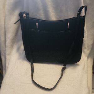 Anne Klein Black Embossed AK Logo Crossbody Handbag‎ Tassel Detail Silver Tone